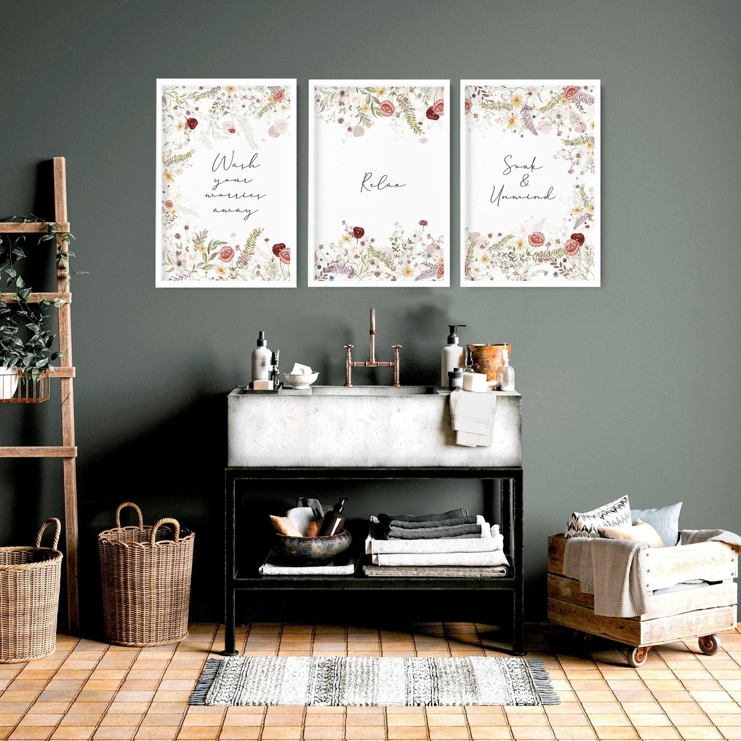 Art for bathroom wall | set of 3 Shabby Chic wall art
