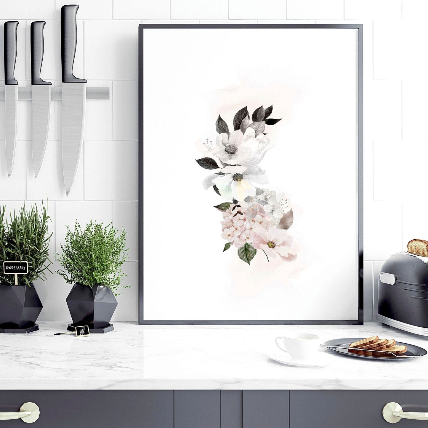 Art for kitchen wall | set of 3 Shabby Chic Floral art prints