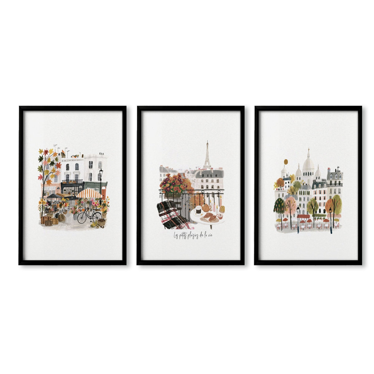 Wall Art Living Room Large Paris Travel Prints | "Les Petits Plaisirs de la Vie" Eiffel Tower Watercolour | Set of 3