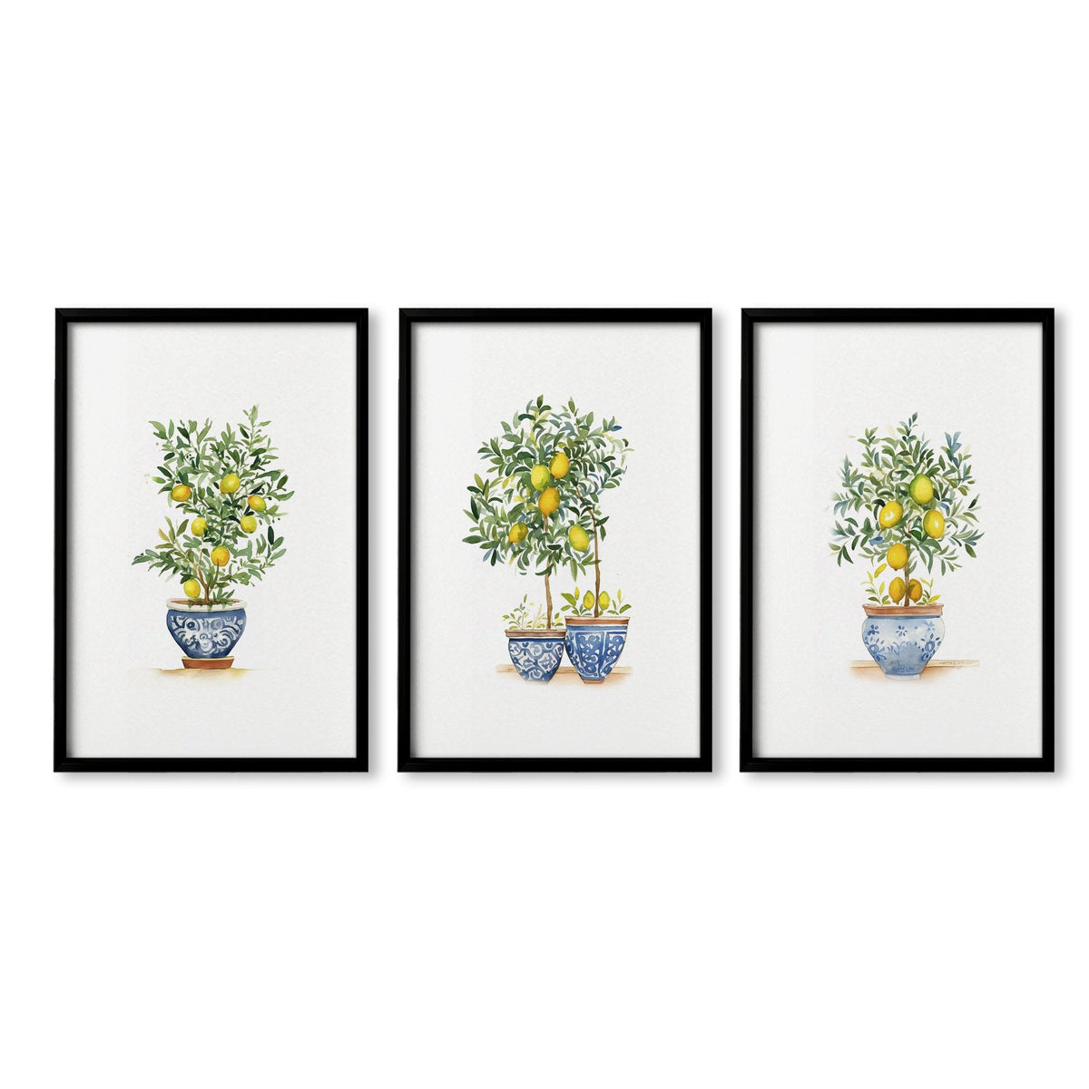 Green Wall Prints French Country Lemon Tree Watercolour Art | Set of 3