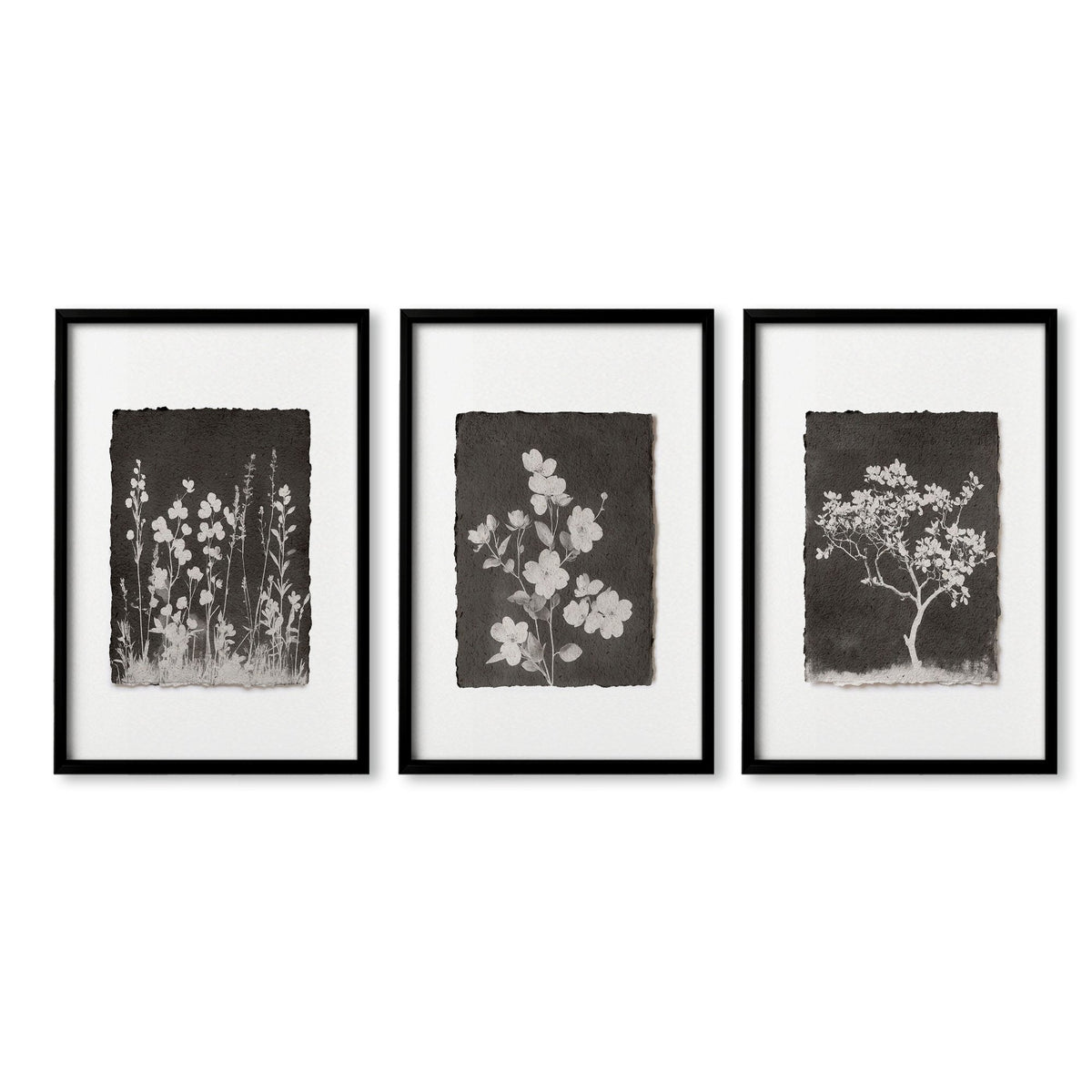 Brown Wall Art Rustic Botanical Wildflowers & Blossom Tree Prints | Set of 3