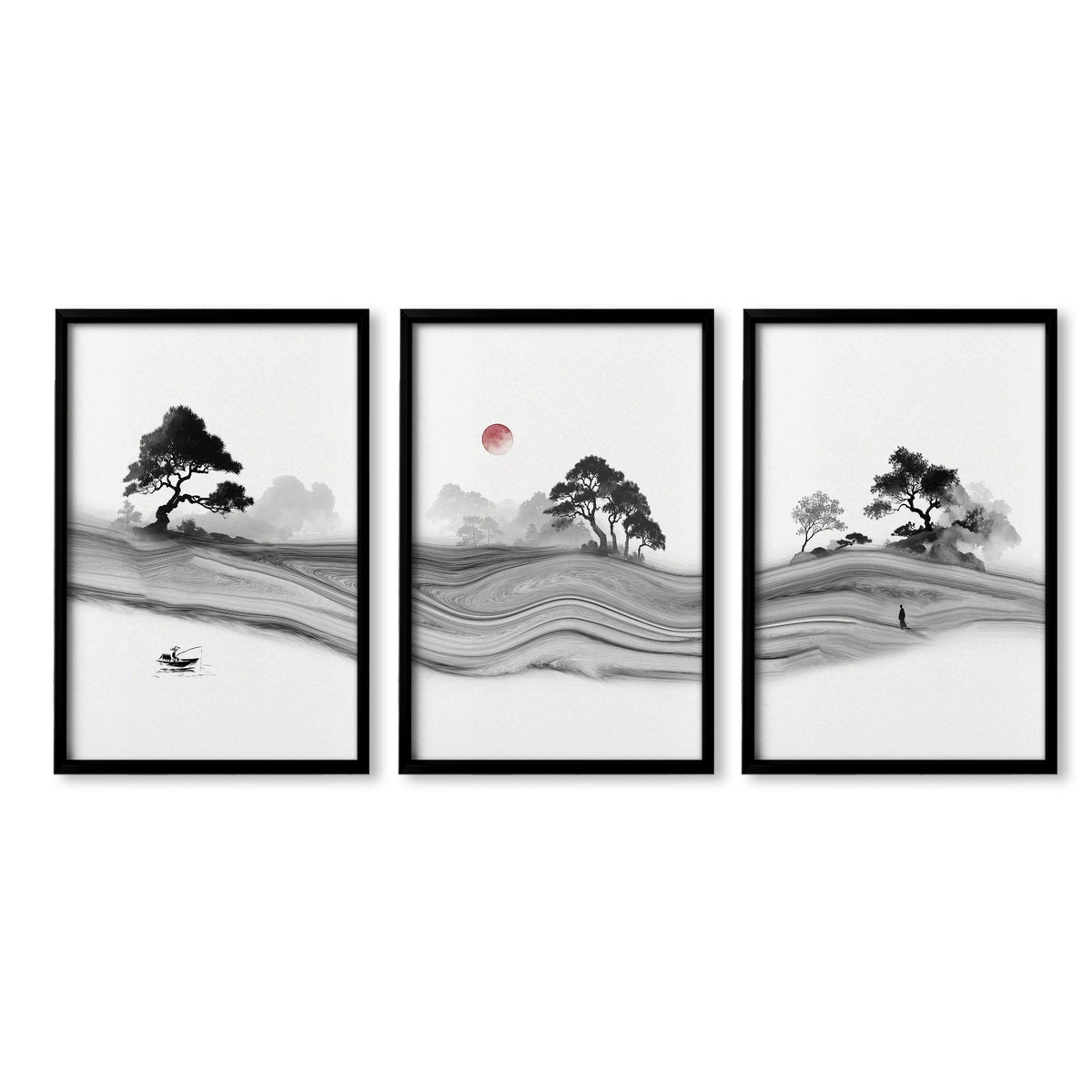 Traditional Japanese Wall Art Ink Landscape with Red Moon, Black & White | Set of 3