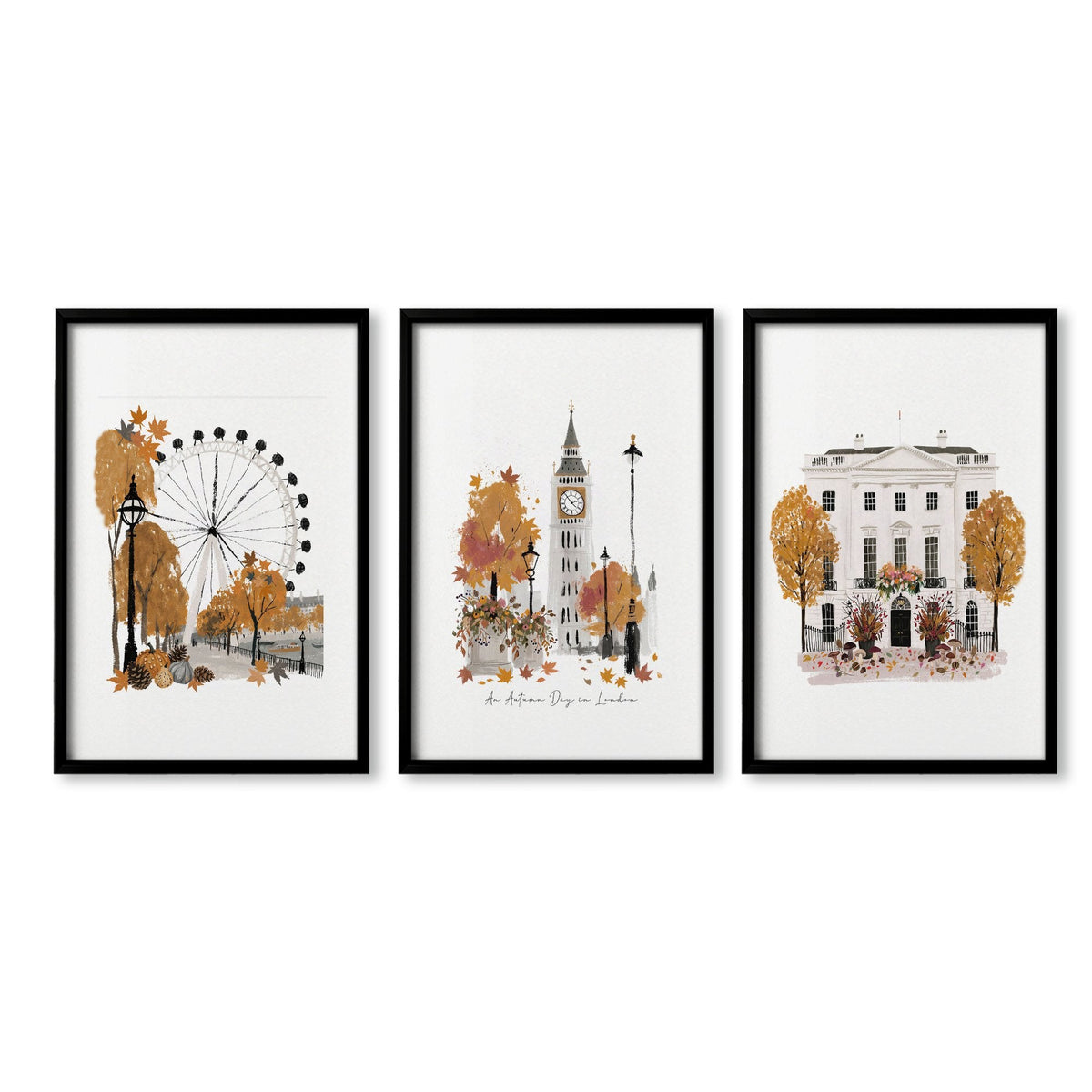 Work Office Wall Decor "An Autumn Day in London" Travel Art Prints | Set of 3