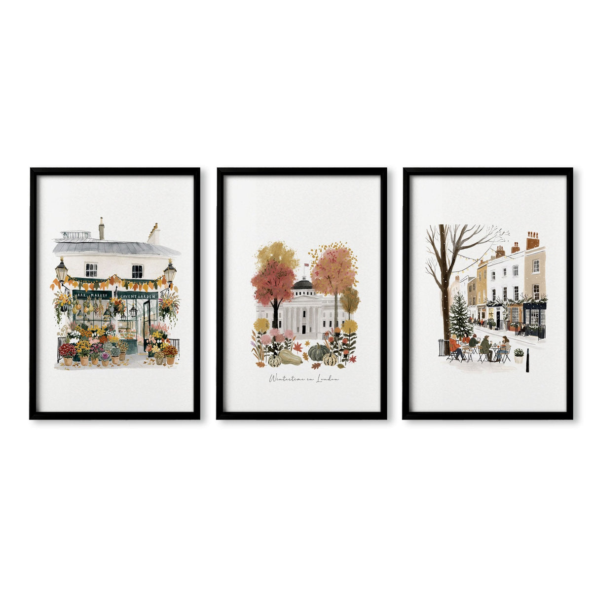 Canvas for Hallway London Travel Wall Art Prints | "Wintertime in London" Covent Garden Set of 3