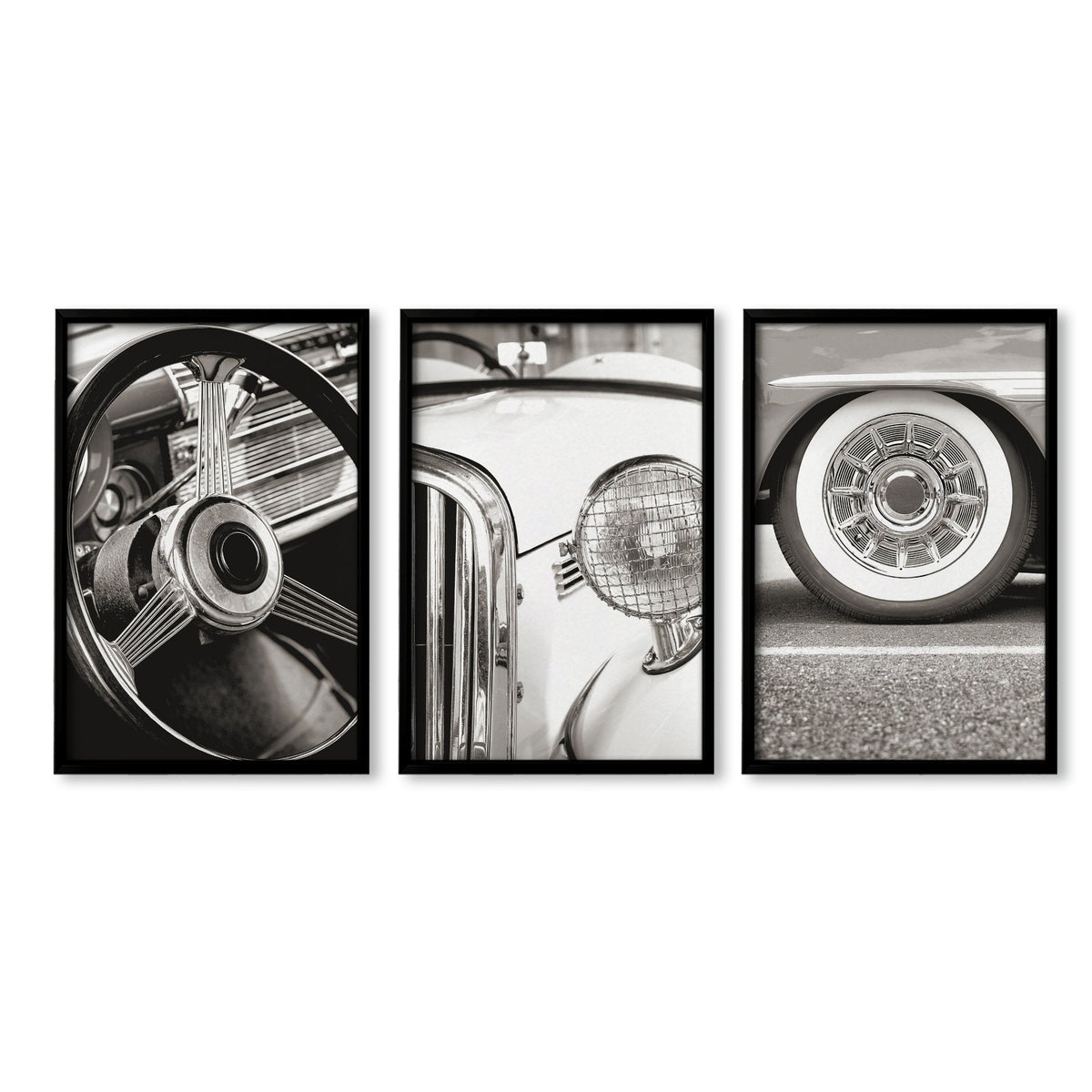 Vintage Car Poster Black & White Classic Auto Close-Up Wall Art Prints | Set of 3