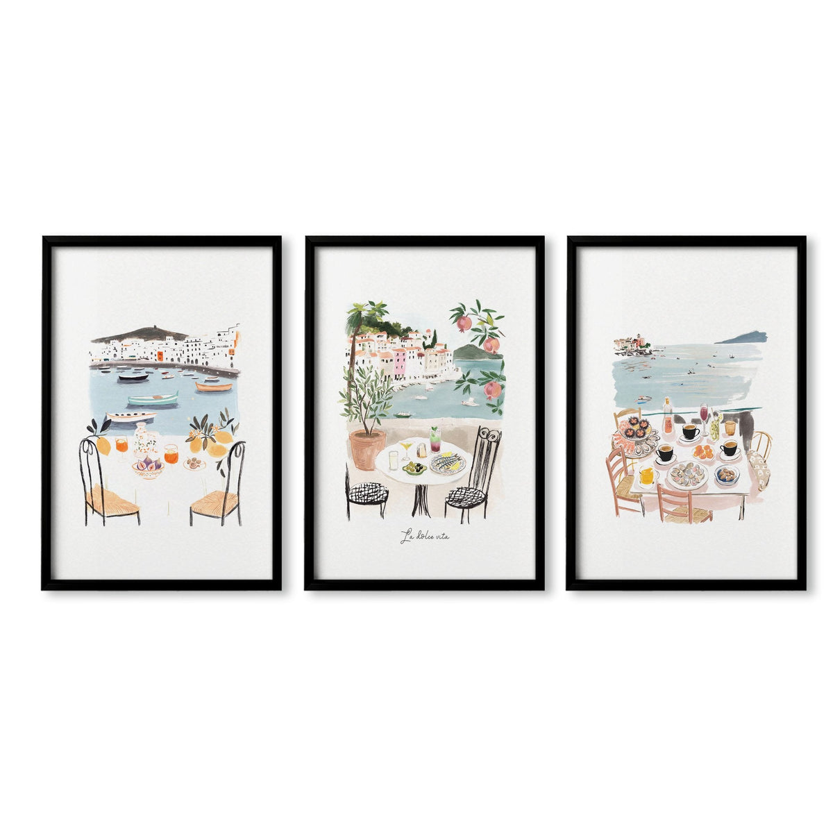 Beach Art Coastal Mediterranean Dining Watercolour Wall Art Prints | "La Dolce Vita" | Set of 3