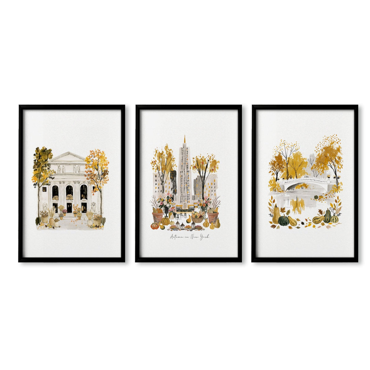 Large New York Wall Art "Autumn in New York" Ochre Watercolour Manhattan Scenes | Set of 3