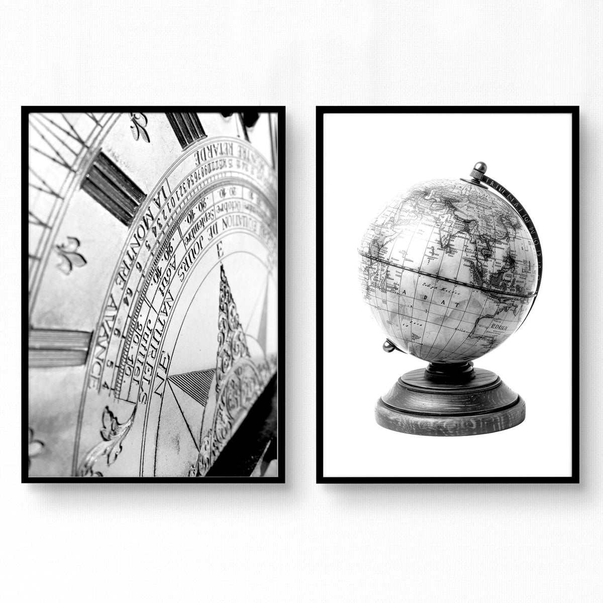 Living Room Framed Wall Art Vintage Sundial & Antique Globe Black & White Prints | Set of 2