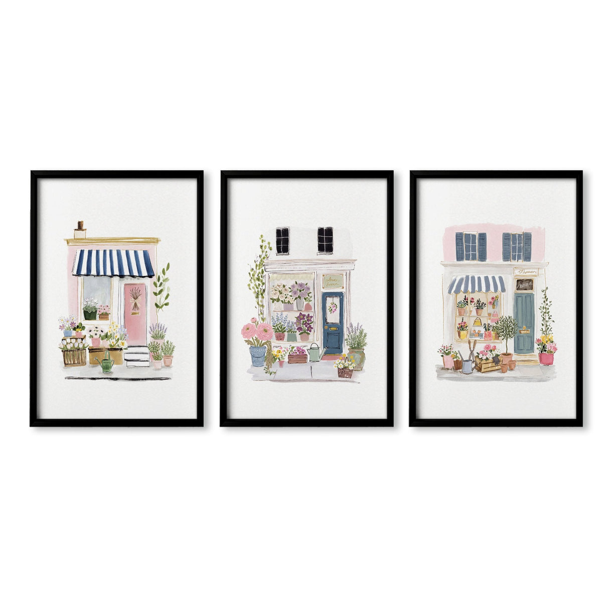 Pink Pictures Watercolour Flower Shop Cottage Fronts Wall Art Prints | Set of 3
