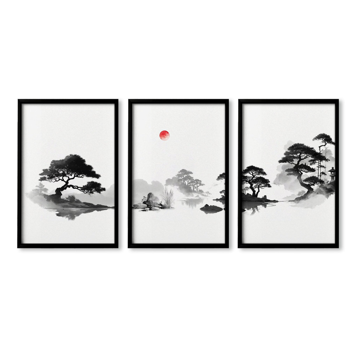 Living Room Picture Japandi Zen Landscape Black White Red Sun Wall Art Prints | Set of 3