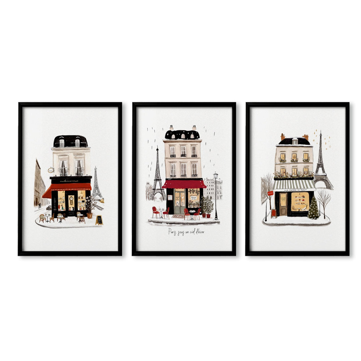 Paris Travel Wall Art Pieces | "Paris sous un ciel d'hiver" Illustrated Street Scenes | Set of 3