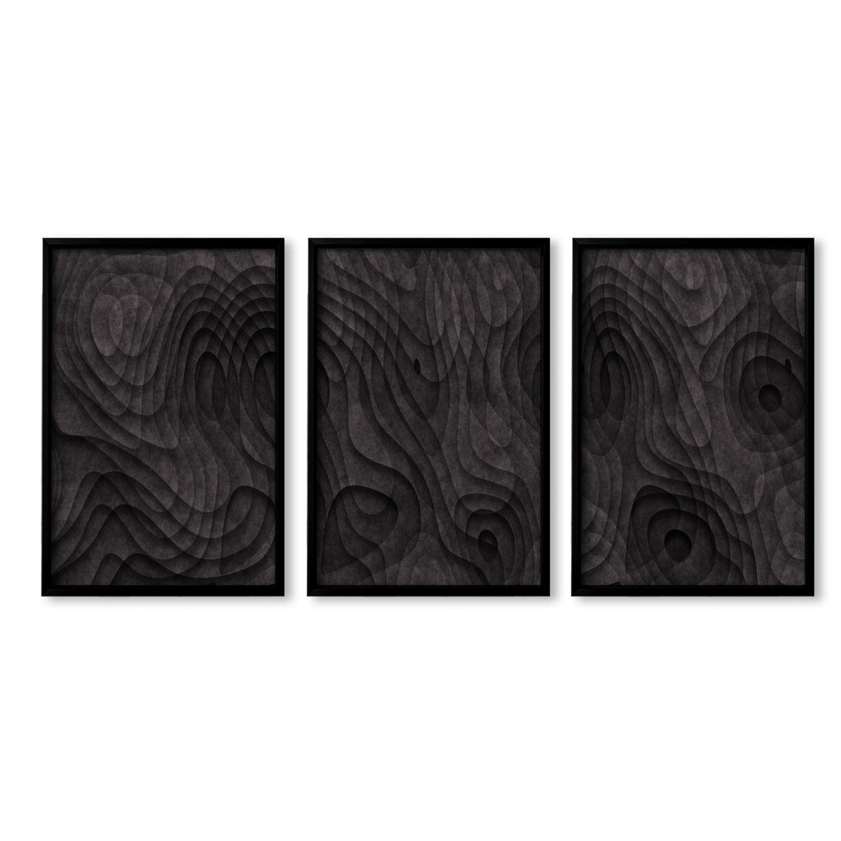 Abstract Wall Art Paintings Dark Charcoal Topographic Wave Texture | Set of 3