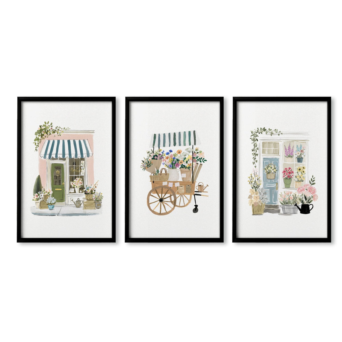 Pink Art Botanical Flower Shop & Market Cart Wall Art Prints | Set of 3