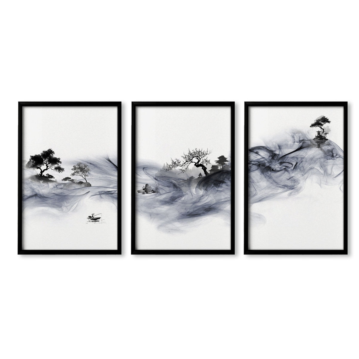 Large Wall Art Blue Japandi Ink Wash Landscape | Set of 3