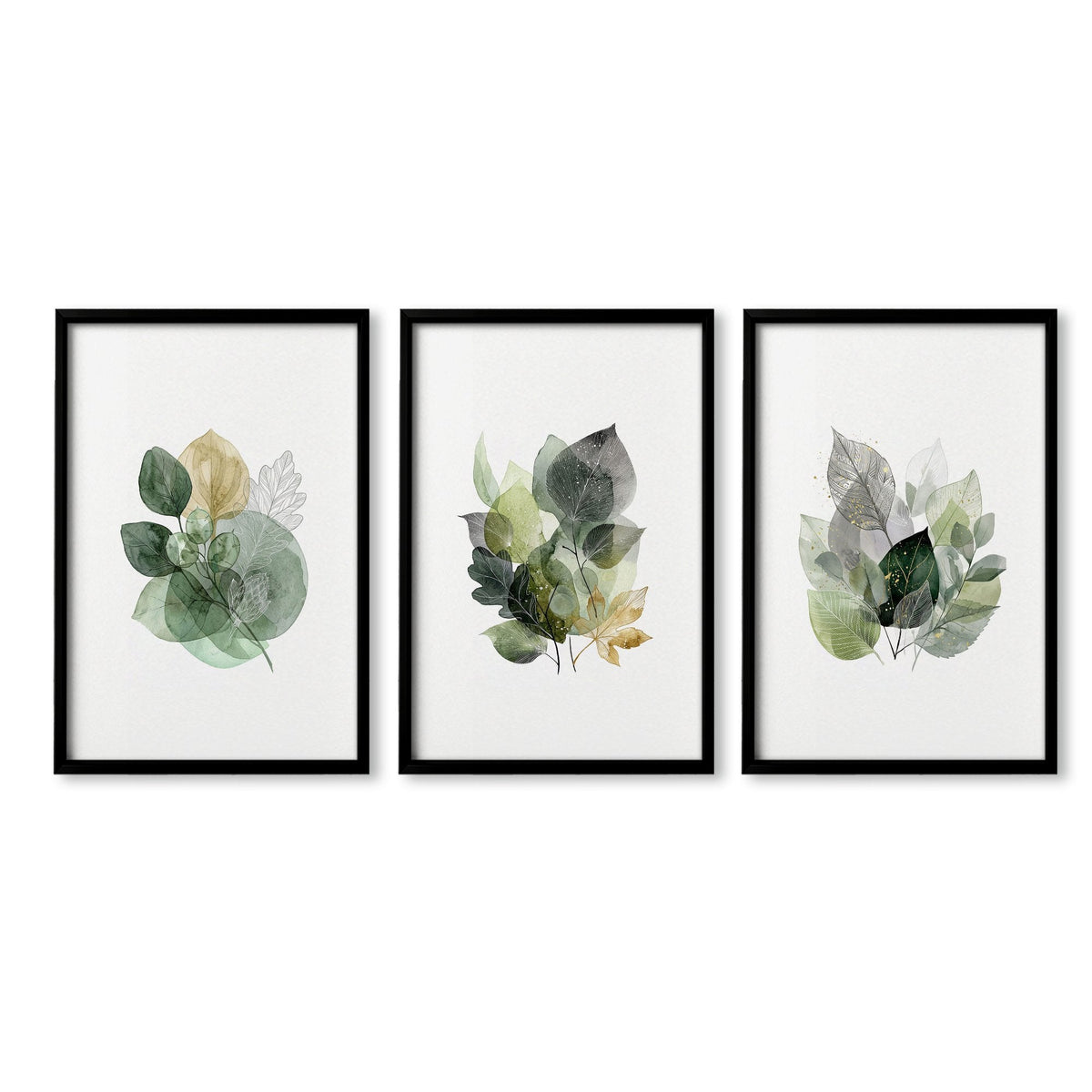 Leaves Print Watercolour Botanical Green & Gold-Tone Wall Art | Set of 3