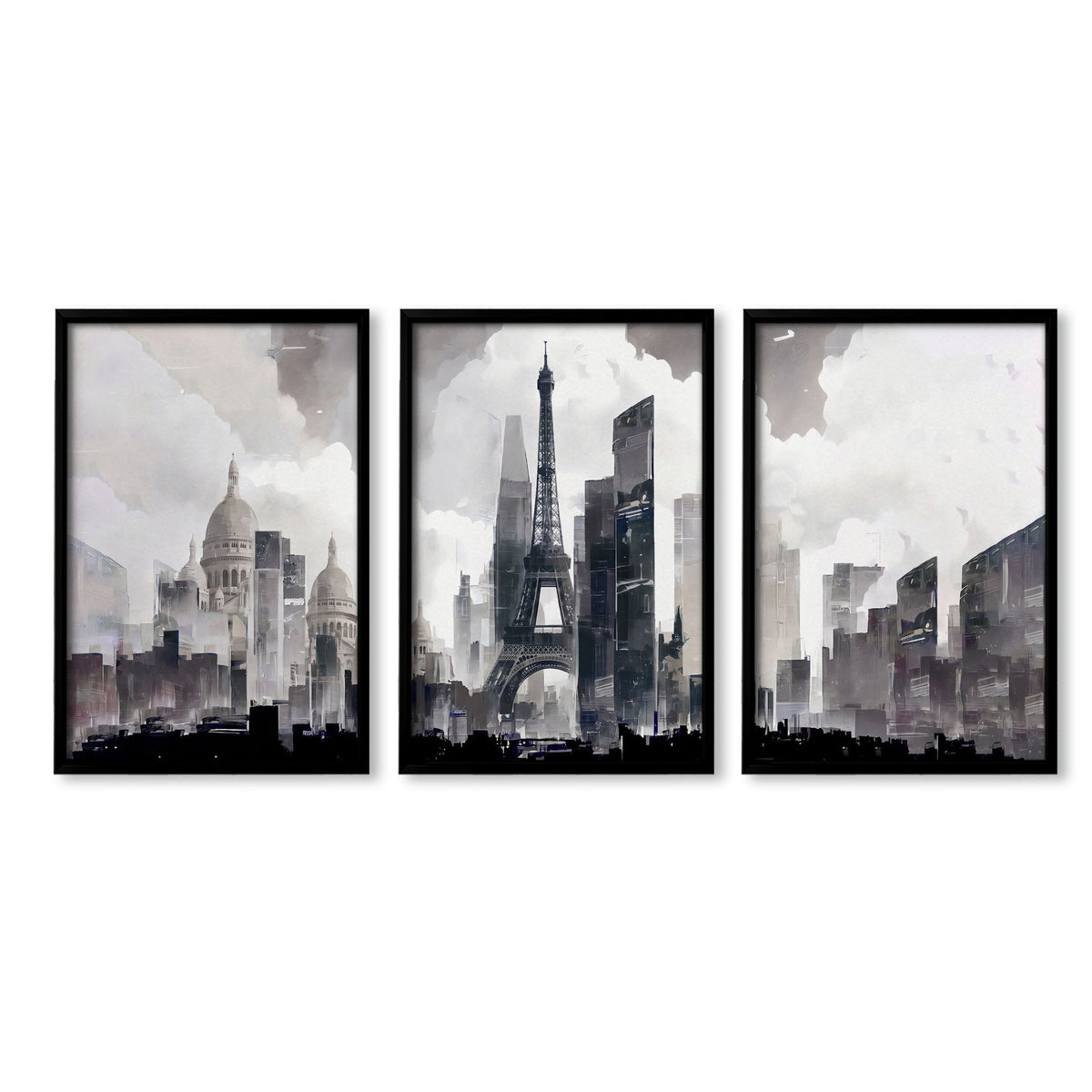 Modern Wall Art for Dining Room Paris Skyline Grey Watercolour Eiffel Tower & Sacré-Cœur Art Prints | Set of 3