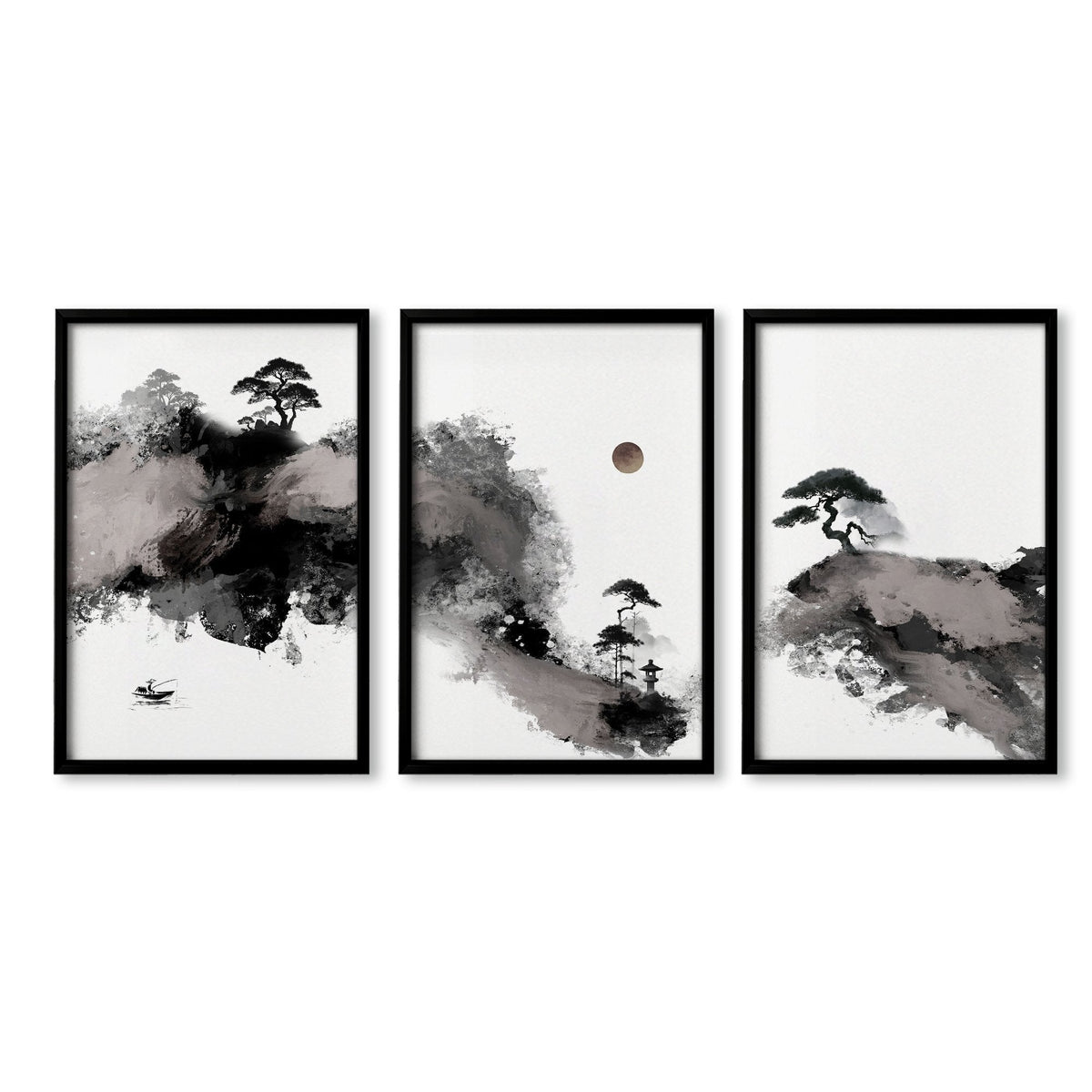 Calming Wall Art Japanese Ink Landscape with Maroon Sun, Black Pine Trees & Lone Fisherman | Set of 3