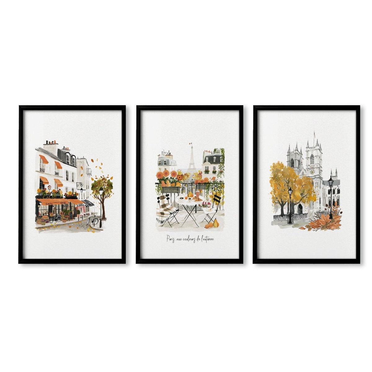 Kitchen Prints for Wall Autumn Paris Watercolour "Paris aux couleurs de l'automne" | Set of 3