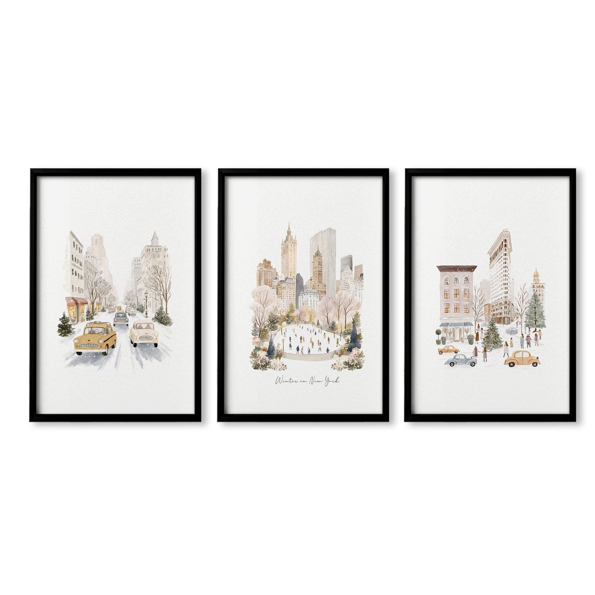 Living Room Wall Art Pictures "Winter in New York" Beige NYC Watercolour Travel | Set of 3
