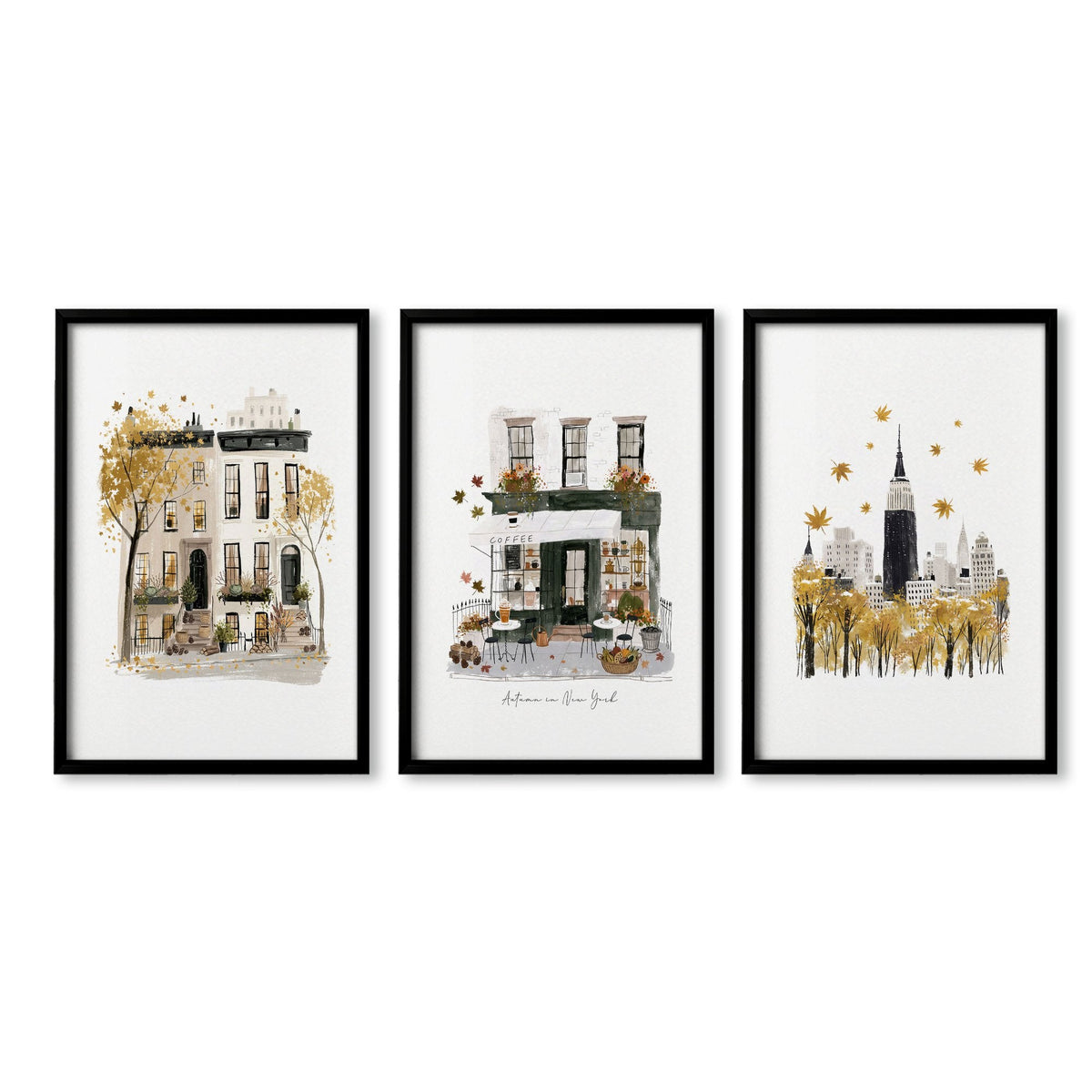 Framed New York Wall Art "Autumn in New York" Ochre Watercolour Travel Prints | Set of 3