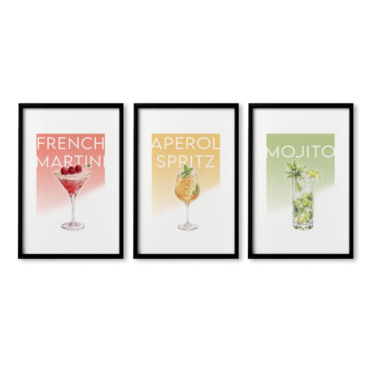 Bar Wall Art Decor "French Martini" "Aperol Spritz" "Mojito" Pastel Cocktail Prints | Set of 3