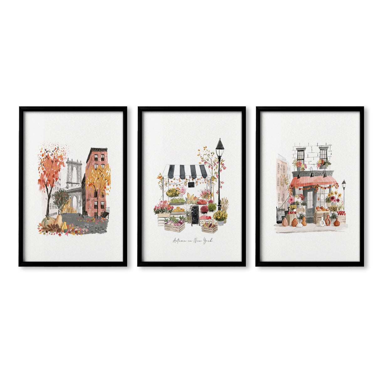Hallway Wall Art Ideas New York Autumn Watercolour Travel Prints | "Autumn in New York" | Set of 3