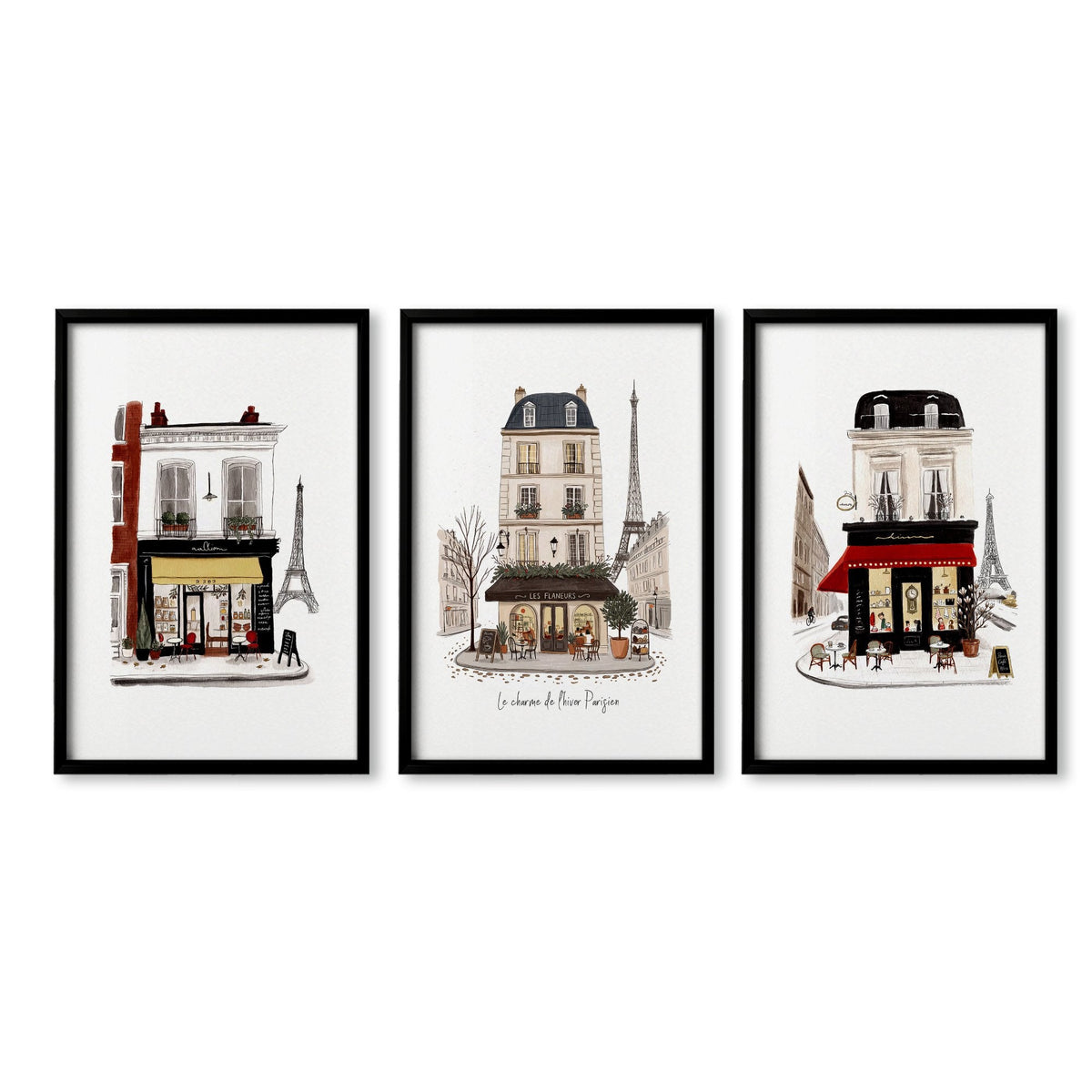 Paris Street Scene wallart | "Le charme de l'hiver Parisien" Travel Wall Art Prints | Set of 3