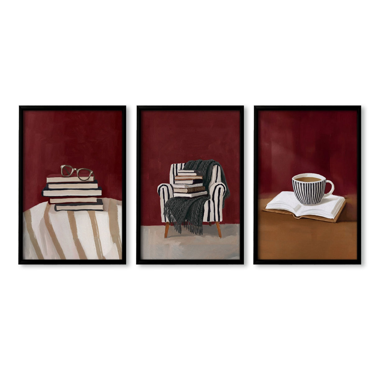 Lounge Room Wall Decor Bohemian Book Lover Burgundy Art Prints | Set of 3