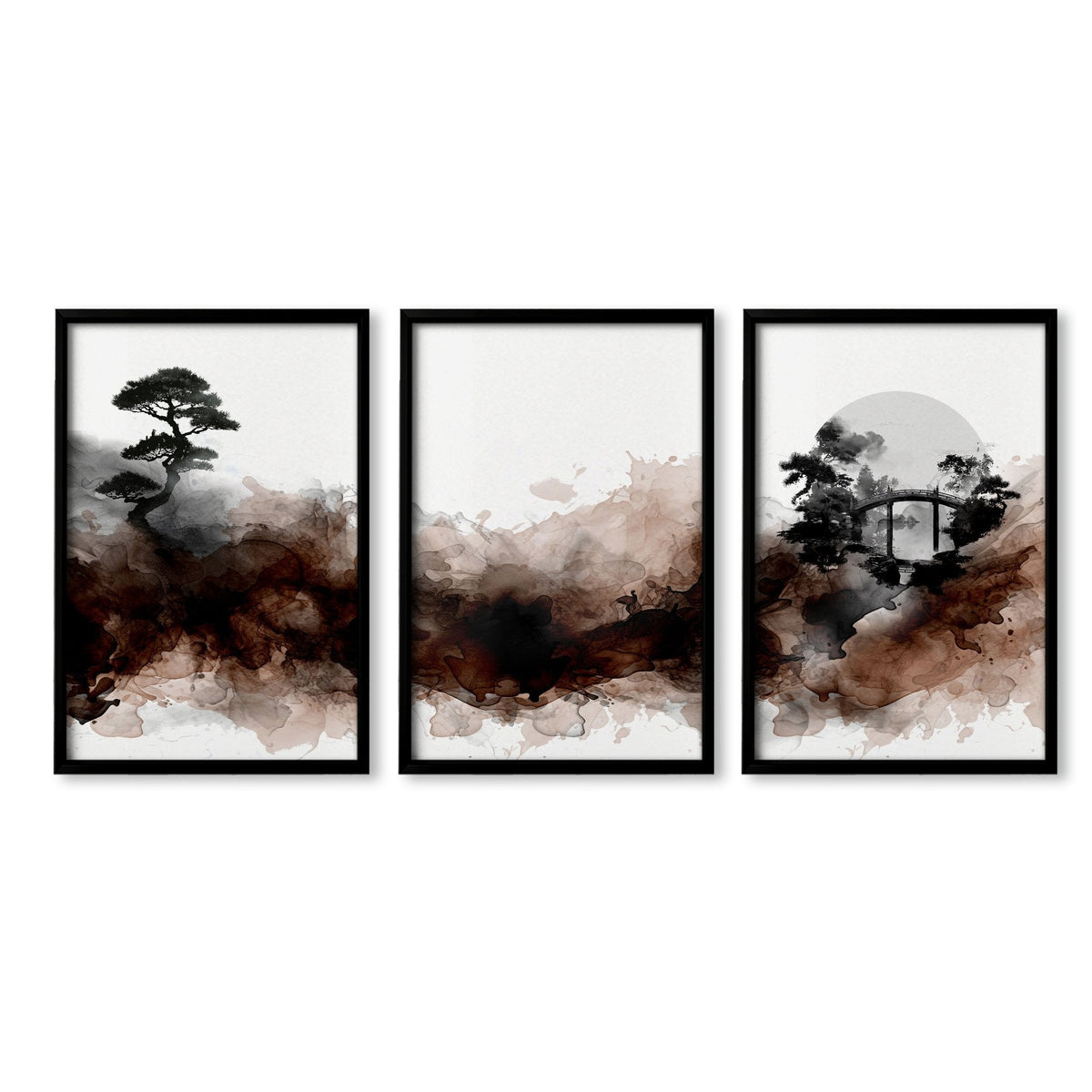 Japandi Japanese Ink Wash Wall Art Canvas for Living Room | Bonsai, Bridge & Moon Brown Tones | Set of 3