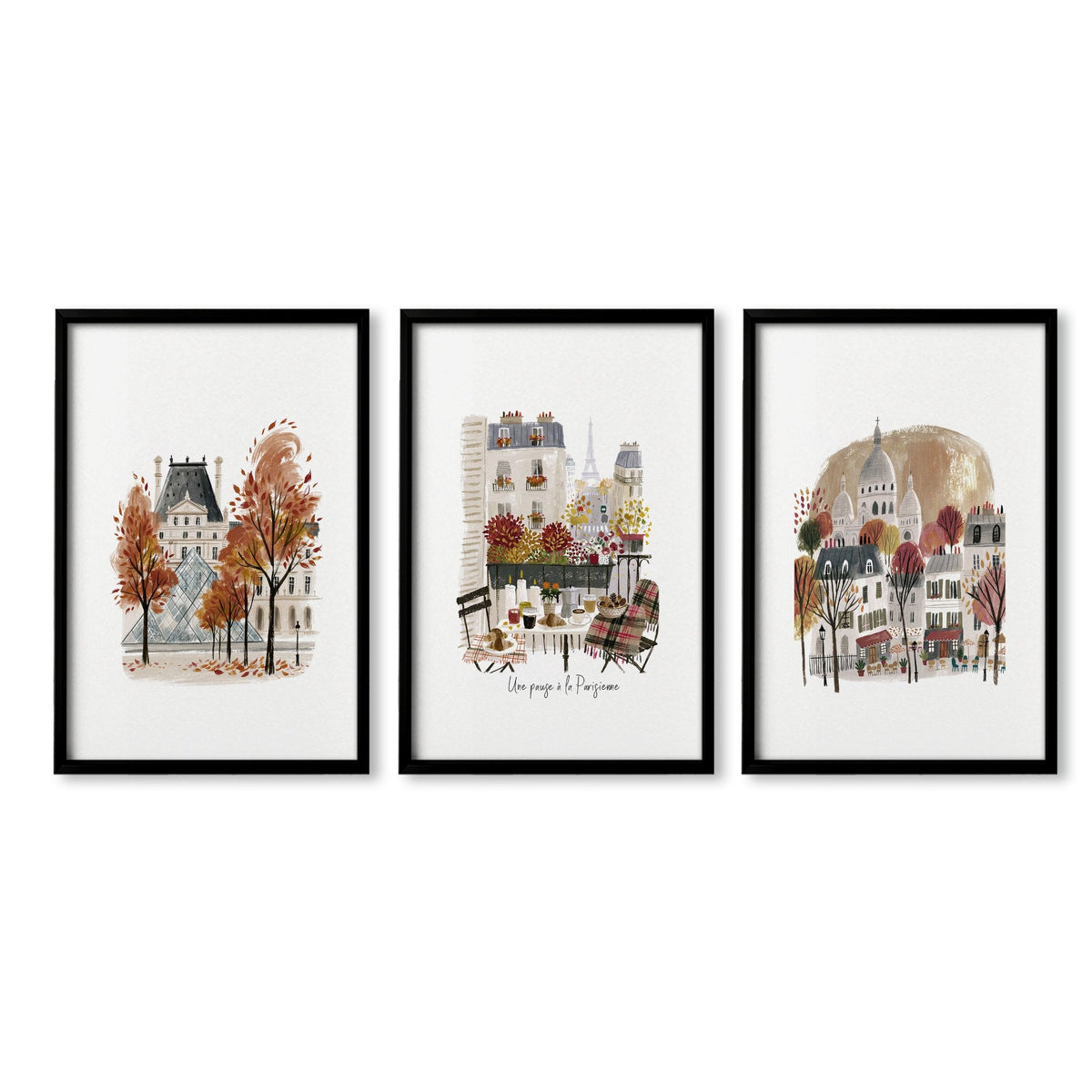 3 Pictures on Wall Autumn Paris Eiffel Tower & Louvre Travel Art Prints | "Une Pause à la Parisienne" | Set of 3