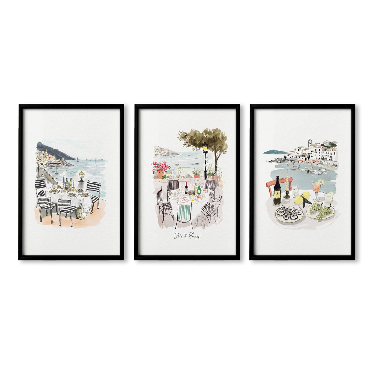 Wall Art for Hallway Entrance Mediterranean Coastal Dining Scene "Solo di Amalfi" | Set of 3