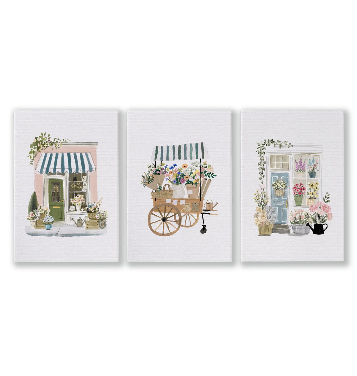 Pink Art Botanical Flower Shop & Market Cart Wall Art Prints | Set of 3
