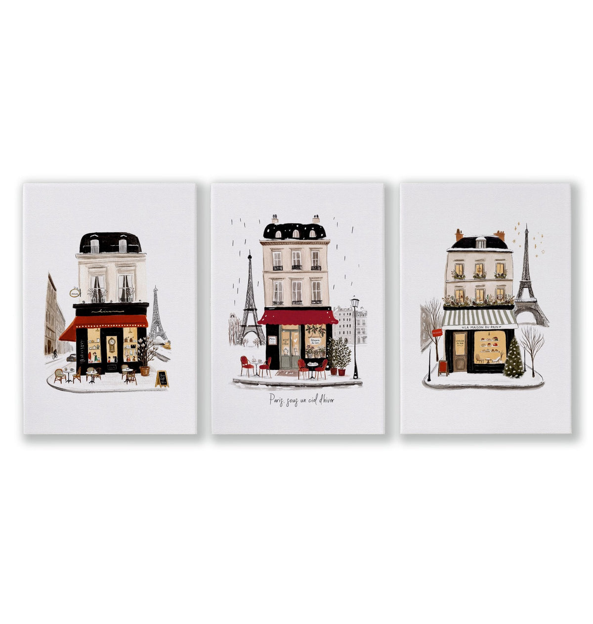 Paris Travel Wall Art Pieces | "Paris sous un ciel d'hiver" Illustrated Street Scenes | Set of 3