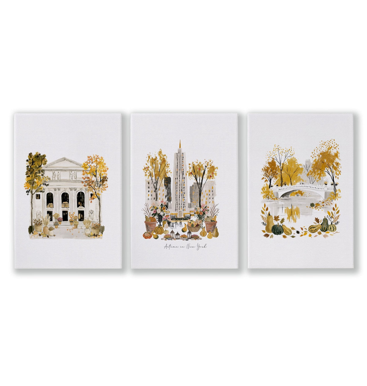 Large Office Wall Art "Autumn in New York" NYC Watercolour Travel Prints | Set of 3