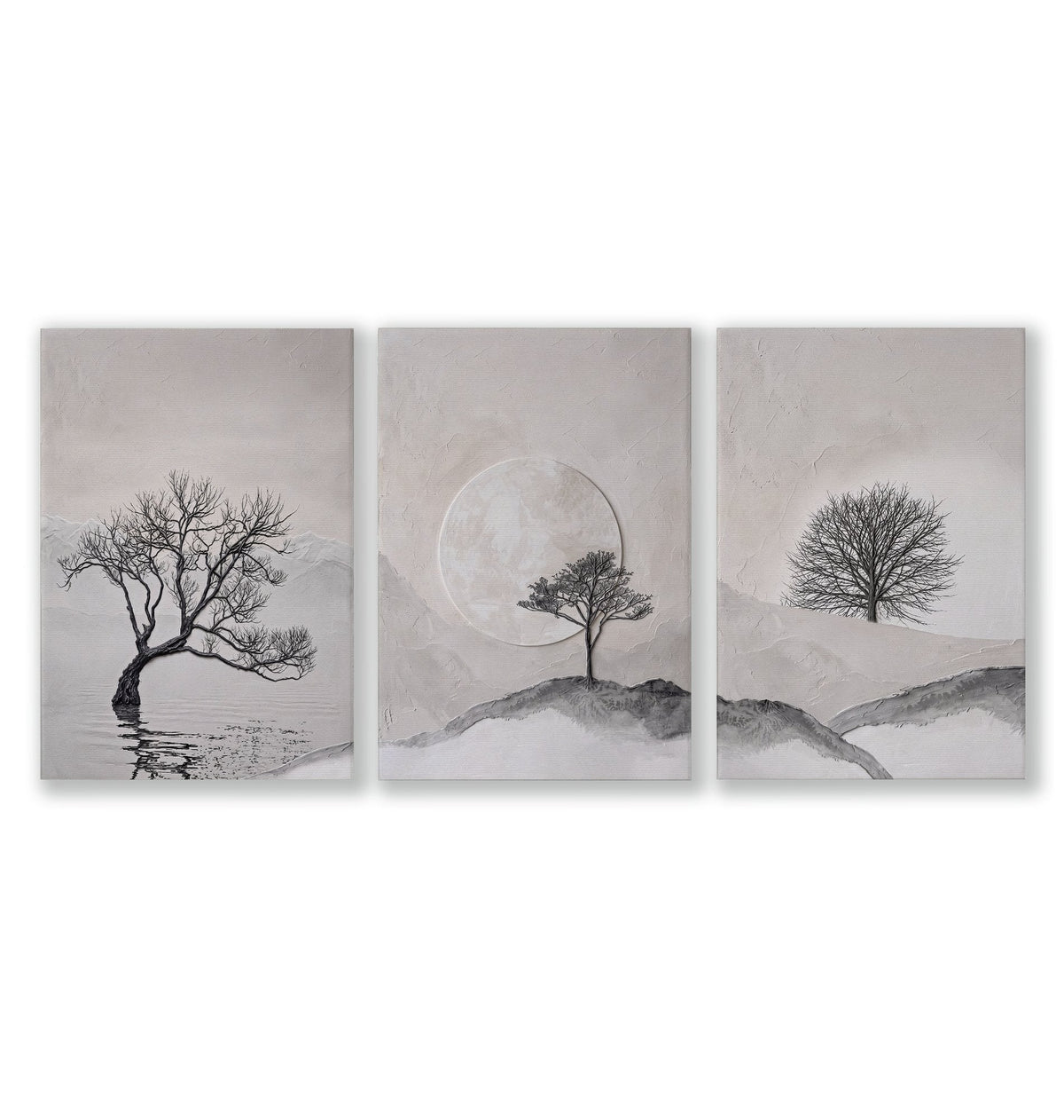 Scandinavian Art Prints Nordic Landscape Trees & Moon Neutral Beige Black | Set of 3