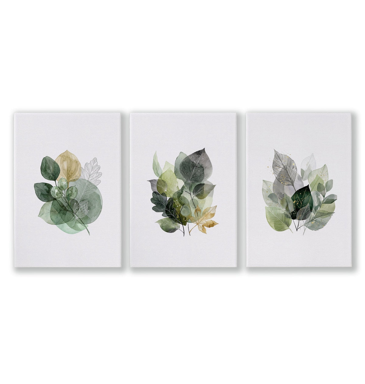 Paintings for Home Office Botanical Watercolour Leaves Green & Gold Wall Art Prints | Set of 3
