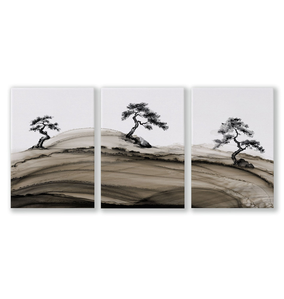 Black Framed Pictures Japandi Pine Tree Ink Art | Set of 3