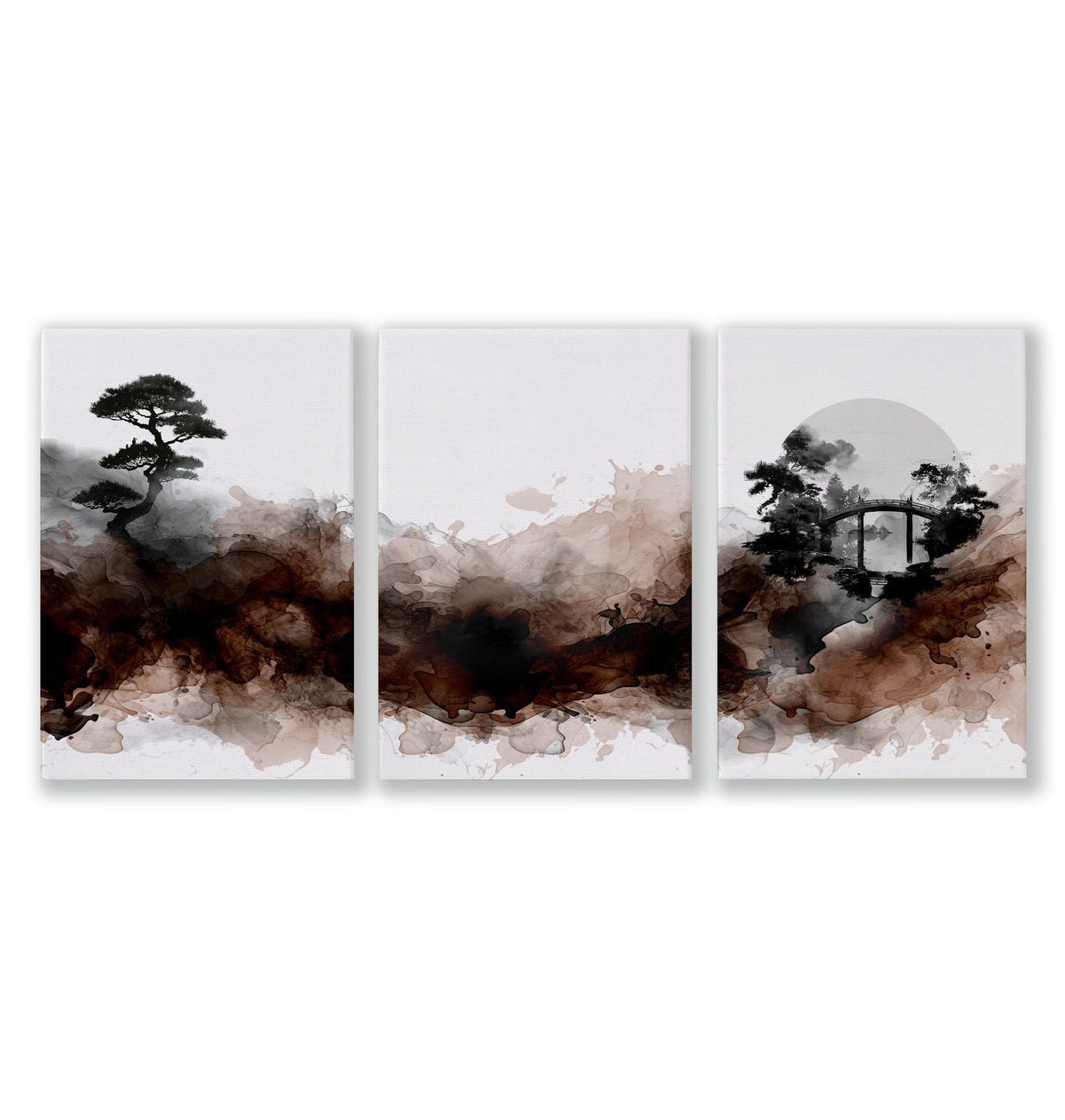 Japandi Japanese Ink Wash Wall Art Canvas for Living Room | Bonsai, Bridge & Moon Brown Tones | Set of 3