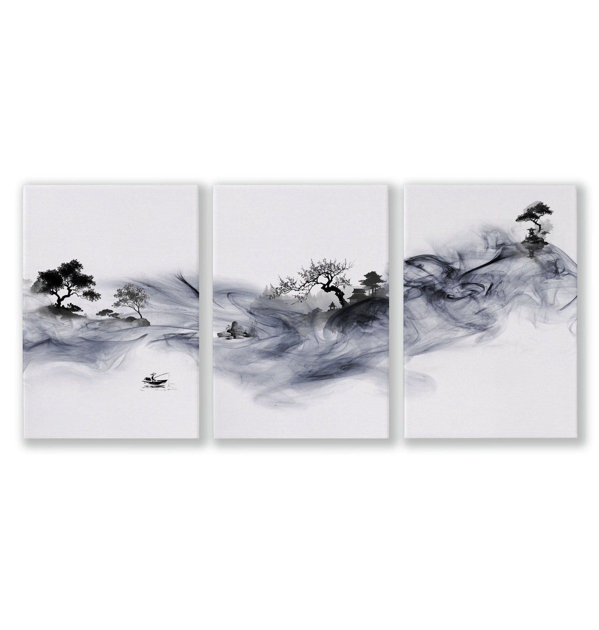 Large Wall Art Blue Japandi Ink Wash Landscape | Set of 3
