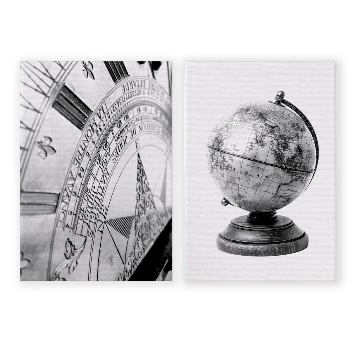 Living Room Framed Wall Art Vintage Sundial & Antique Globe Black & White Prints | Set of 2
