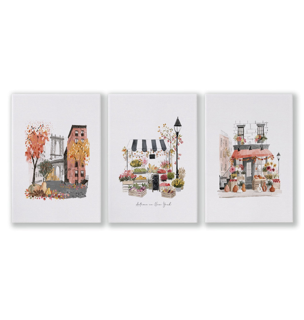 Hallway Wall Art Ideas New York Autumn Watercolour Travel Prints | "Autumn in New York" | Set of 3