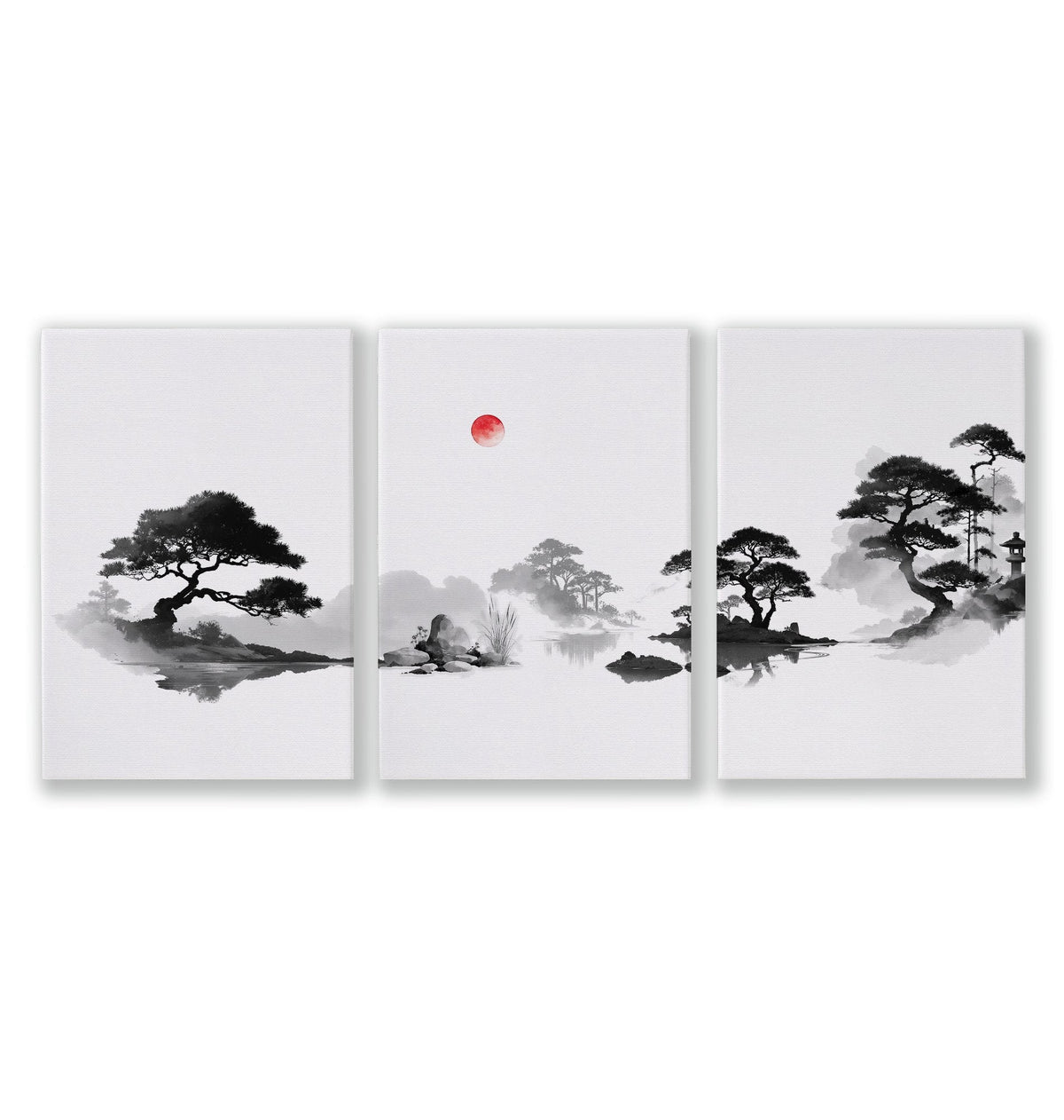 Living Room Picture Japandi Zen Landscape Black White Red Sun Wall Art Prints | Set of 3