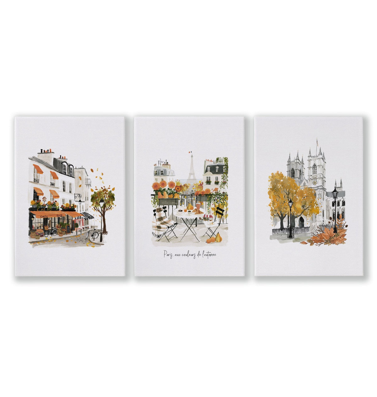 Paris Fireplace Wall Art | Autumn Eiffel Tower, Montmartre Café & Notre-Dame Watercolour Prints "Paris aux couleurs de l'automne" | Set of 3