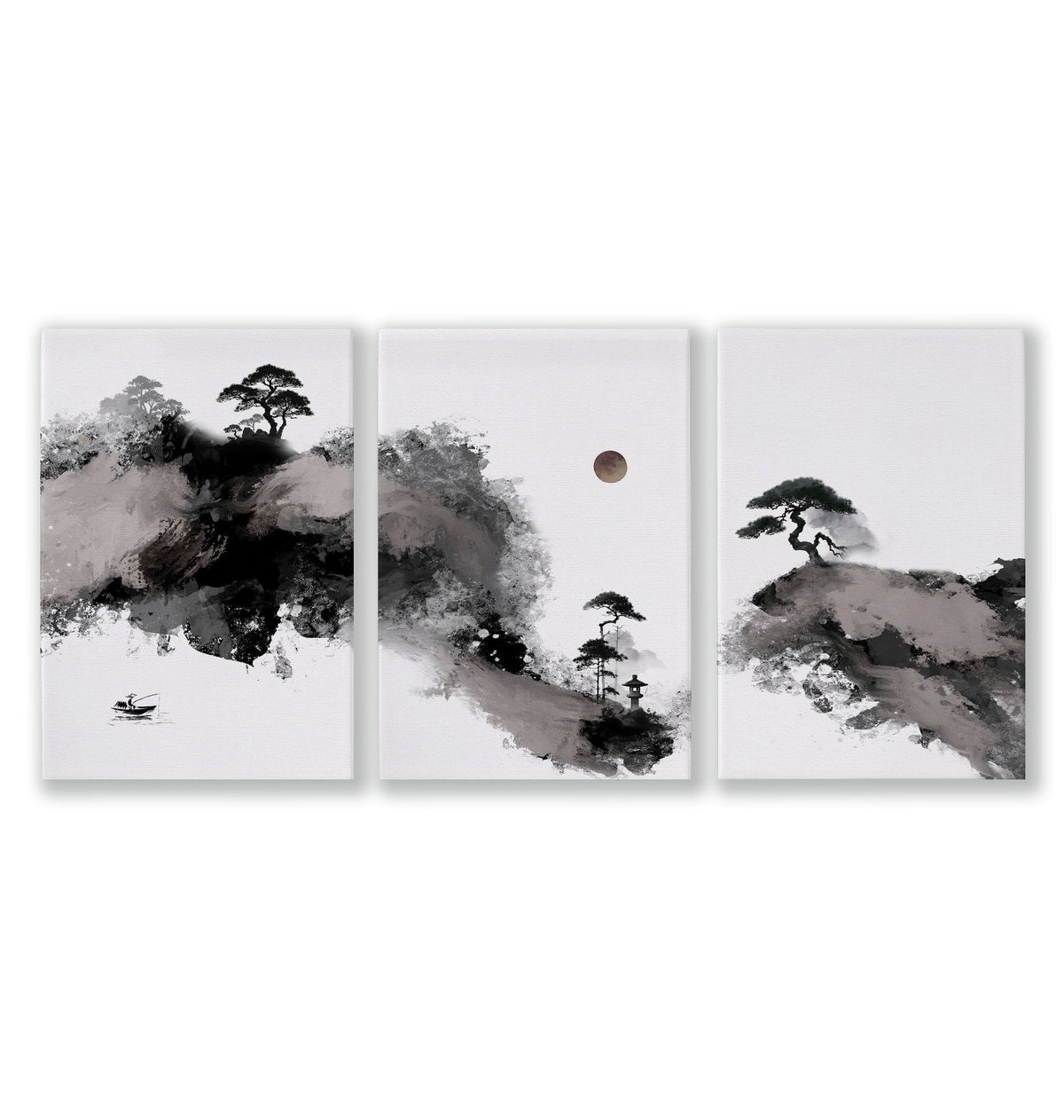 Calming Wall Art Japanese Ink Landscape with Maroon Sun, Black Pine Trees & Lone Fisherman | Set of 3