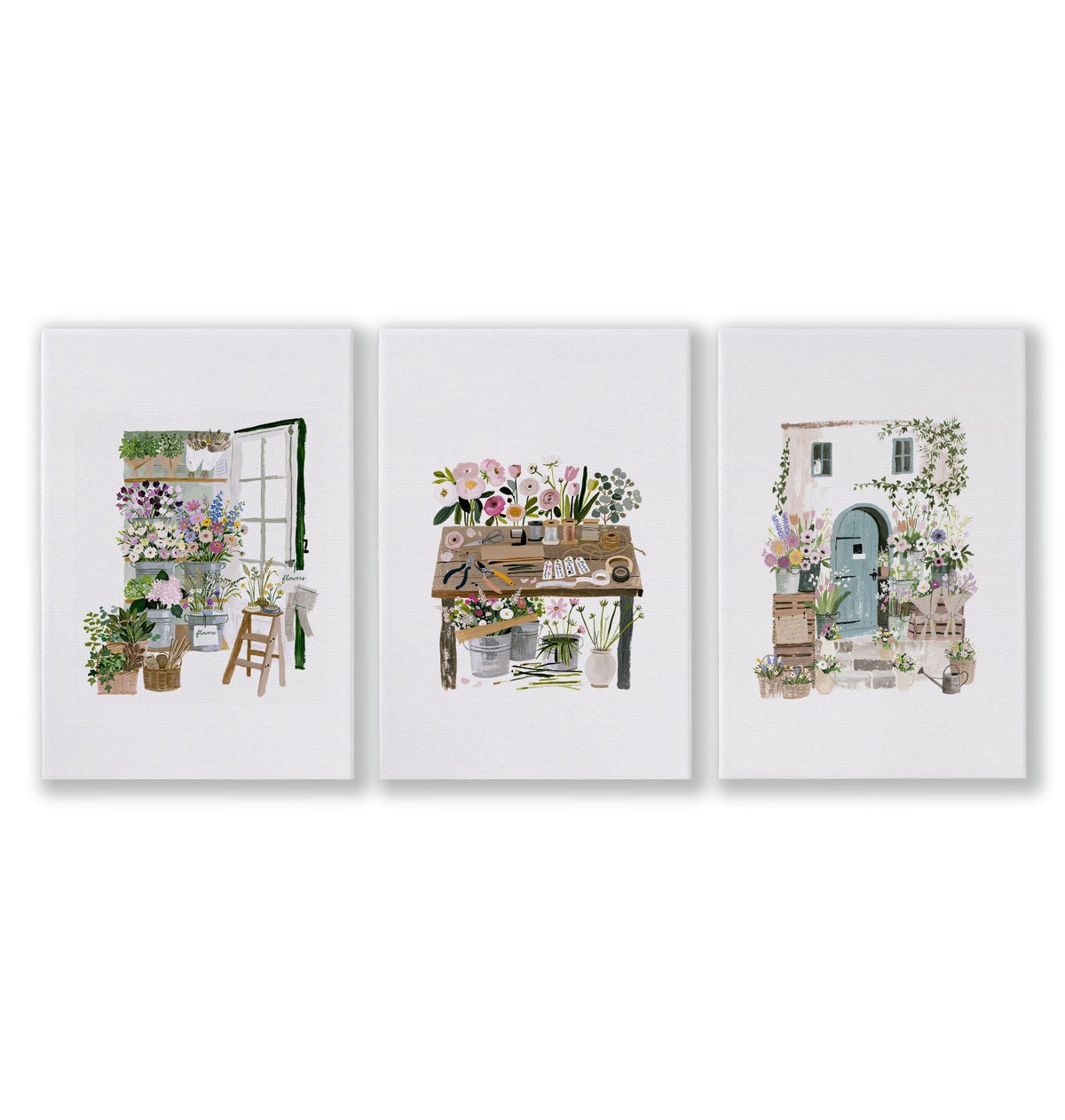 Large Wall Art Green Cottage Flower Shop Illustration | Set of 3