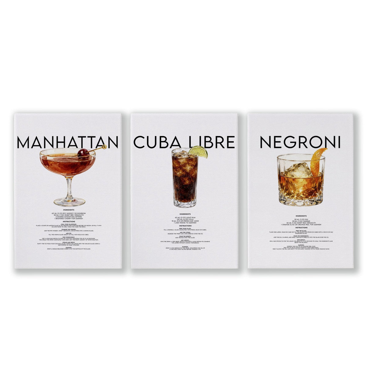 Cocktail Bar Wall Art "Manhattan, Cuba Libre & Negroni" Recipe Prints | Set of 3