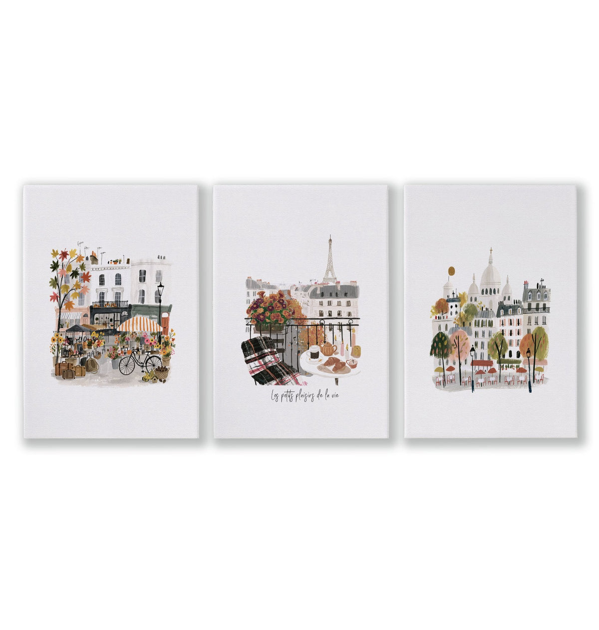 Wall Art Living Room Large Paris Travel Prints | "Les Petits Plaisirs de la Vie" Eiffel Tower Watercolour | Set of 3