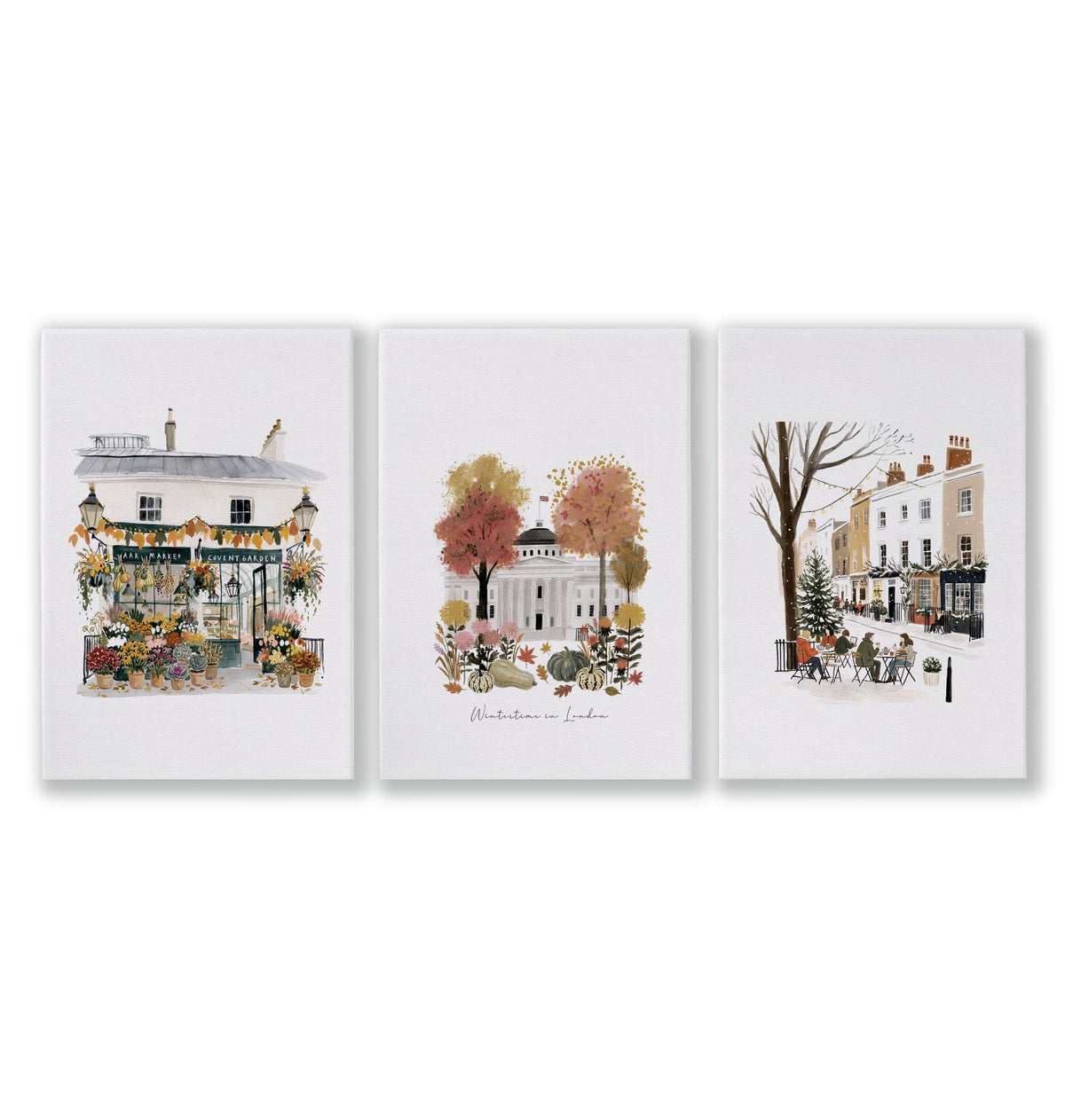 Canvas for Hallway London Travel Wall Art Prints | "Wintertime in London" Covent Garden Set of 3