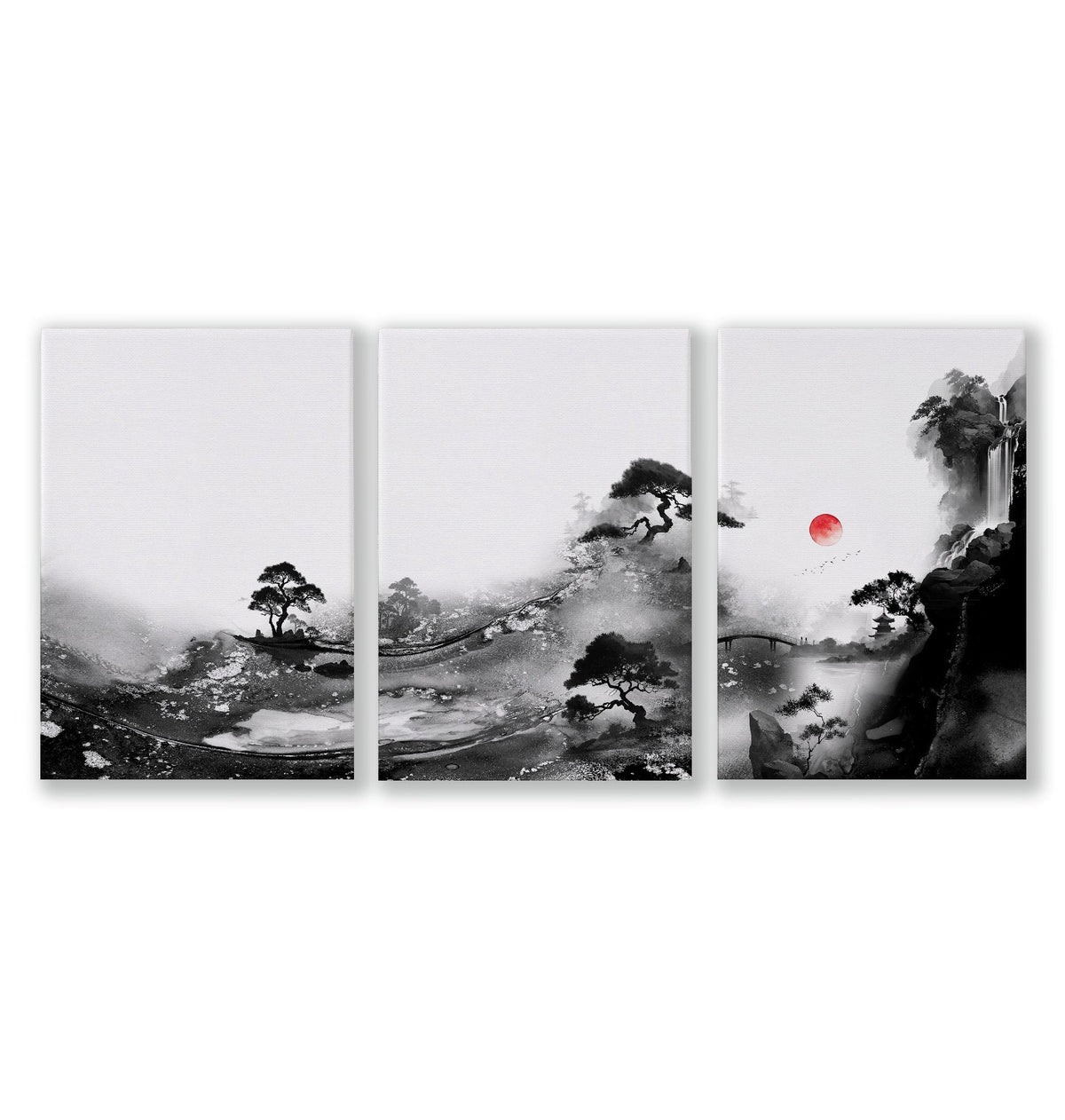 Ideas for Dining Room Wall Art | Japanese Ink Landscape Red Sun Black White | Set of 3