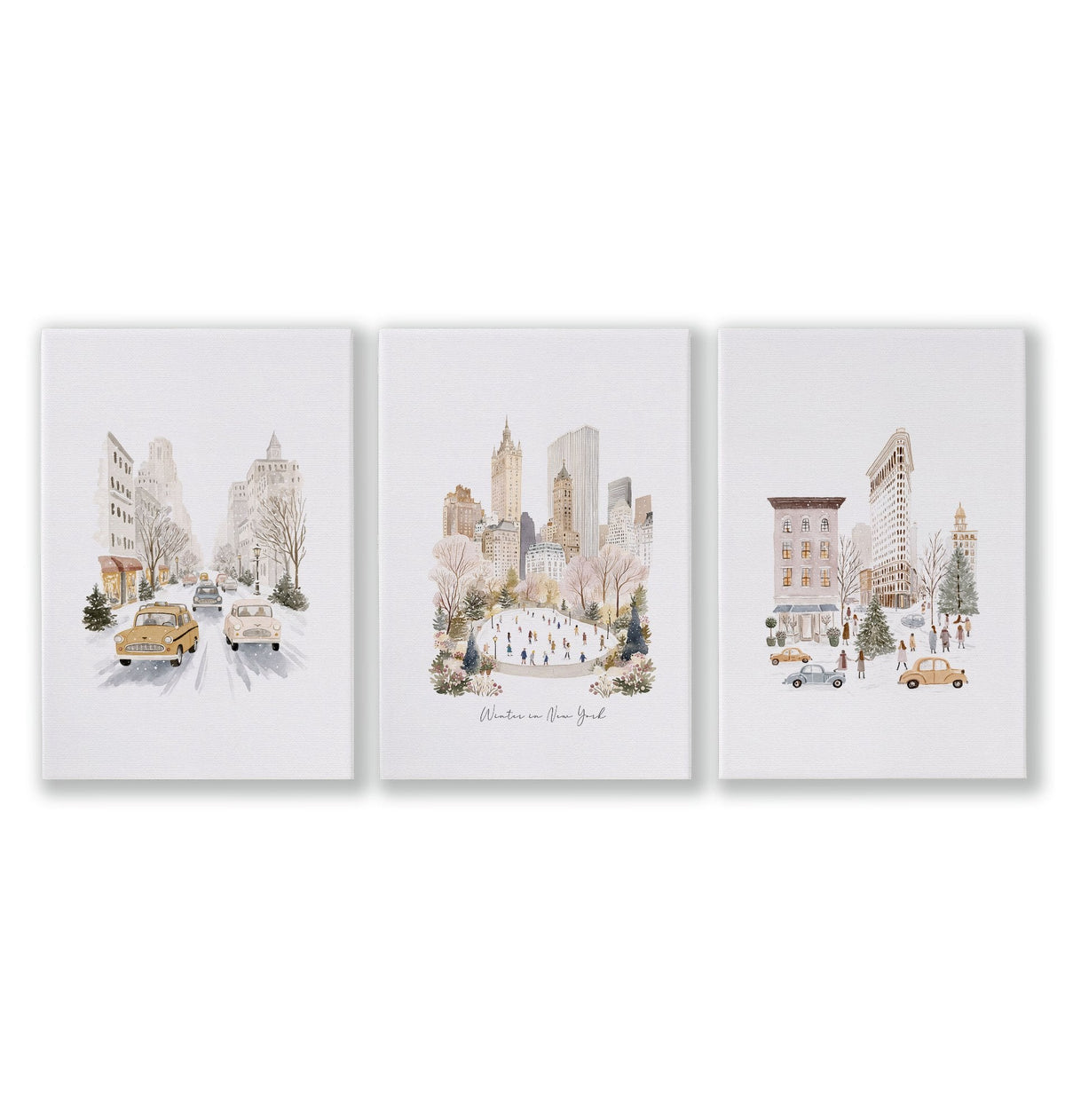 Living Room Wall Art Pictures "Winter in New York" Beige NYC Watercolour Travel | Set of 3